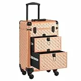 SONGMICS Kosmetikkoffer Trolley, Schminkkoffer 2 Schubladen, Friseurkoffer groß, Make-up Koffer, 34 x 24 x 56 cm, Rollen 360° drehbar, Reisen, Friseure, Geschenkidee, Champagnergold JHZ008A01