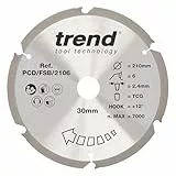Trend Kreissägeblatt aus PKD-Faserzement, 210 mm Durchmesser, 30 mm Bohrung, 6 Zähne, 2,4 mm Schnittfuge, +12° Haken, PKD, grobe Oberfläche, PCD/FSB/2106