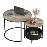 WLIVE Couchtisch Rund 2er Set, Kleiner Beistelltisch mit Stoffkorb, Satztische Wohnzimmertisch mit Metallrahmen, Kaffeetisch mit Stauraum, Graue Eiche