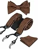 Alizeal Herren verstellbare Blumen Paisley selbst gebundene Fliege, Einstecktuch und elastische Y-Form 6 Clips Hosenträger Set, Braun