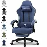 GTPLAYER Gaming Stuhl Ergonomischer Gaming Sessel Schreibtischstuhl mit Stoffoberfläche, Federsitzkissen, Verbindungsarmlehnen und Fußstütze 150KG, Dunkelblau