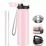 GOPPUS 1L/32oz Thermosflasche mit Strohhalm Doppelschicht Edelstahl Trinkflasche 1 Liter Isolierflasche Auslaufsicher Sport Wasserflasche Kohlensäure Water Bottle Trinkflaschen BPA-frei Wasser Flasche