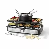 Salter Elektrischer Raclette Grill & Fondue - 2-in-1 Rauchfreier Indoor Grill, 1,3L Schmelztopf für Schokolade, Käsefondue, 6 Gabeln, Einstellbare Temperatur, 8 Antihaft-Pfännchen & Holz-Spatel, 1400W