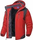 SPOSULEI Herren Winter Fleecejacke Warme Verdickt Gefüttert Skijacke Outdoor Winddicht Wasserdicht Jacke mit Abnehmbarer Kapuze für Wandern Rot S