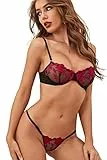 Kimlyf Dessous Damen Sexy Unterwäsche für Frau Reizwäsche Dessous Sexy Set mit BH und Slip mit Spitze 2-teiliges Set Schwarz-rot M