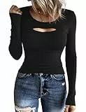 Aottori Basic Damen Langarmshirt Rundhals Oberteil Cut Out Stretch RIPP Shirt Langarm Elegant Casual Top für Büro Freizeit Herbst Schwarz XS