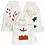 Papierdrachen Geschenkverpackung Weihnachten 2025 - Stoffbeutel 3er Set - 20x30 cm - beige - mit Stickerei in gold - wiederverwendbar zum Befüllen