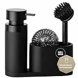 Black Sweden Home Design Spülbecken Organizer mit entnehmbaren Spülmittelspender Spülbürste und Schwamm - Küchenorganizer - Spüle Organizer aus Kunststein Sink Spül Set Seifenspender schwarz matt