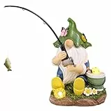 TERESA'S COLLECTIONS Gartenzwerge Gartendeko für Draußen,20cm Wetterfest Figur mit Solarleuchte,Fischen Gartenfiguren draußen,Gartenwichtel Gartendeko Solar,Balkon Deko