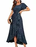 Berylove Damen Glitzer Cocktailkleid Lang Vokuhila Ballkleid Elegantes Hochzeitsgast Festkleid Für Party 007 Navy L