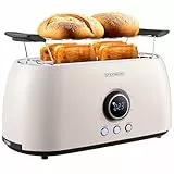 Steinborg Toaster 4 Scheiben mit Brötchenaufsatz Langschlitztoaster Toastautomat Automatische Abschaltung Doppelschlitztoaster Familientoaster Toastgerät LED Display mit Restzeitanzeige (Bulgur Beige)