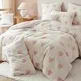 Sedefen Plüsch Bettwäsche 155x220 cm Flauschig Kunstfell,Rosa Herzen Bettwäsche Mädchen Warme Winterbettwäsche Shaggy Flanell Bettbezug und 1 Kissenbezug 80x80cm mit Reißverschluss