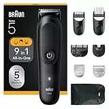 Braun All-in-One Trimmer-Set 5, 9-in-1 Multigroom, Barttrimmer, Haarschneidemaschine für Gesicht, Kopf und Körper, 120 Min Akku, 14 Längen (3–21 mm), Wasserdicht, AIO5540, Schwarz