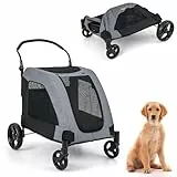 COSTWAY Hundewagen, Hundebuggy klappbar, bis 60 kg, Haustierwagen mit Vordertür & Netzfenstern & verstellbarem Griff & Kissen, Haustiere Buggy Hundetrolley, für mittelgroße große Hunde Katzen, Grau