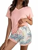 Litherday Schlafanzug Damen Kurz Baumwolle Pyjama Kurzarm Sommer Shorty Nachtwäsche Set Schlafhose Gedruckt Sleepwear V Kariert Aussschnitt Loungewear,Rosa Pflanze,L