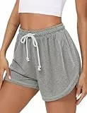 Fisoew Damen Streifen Shorts Baggy Weite Kurze Hosen Sommer Lose Freizeitshorts Baumwolle Sportshorts mit Kordelzug Hellgrau M