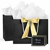 BBLIKE Geschenktüten 2 Stück Papiertüten mit Schleifenbändern + 2 Grußkarten + 4 Taschentüchern, Geschenktaschen mit Henkel Partytüten Bodenbeutel Kreuzbodenbeutel für Geburtstag Hochzeit Feier Party