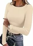 WIHOLL Damen Langarmshirt Leichte Fleece Thermounterwäsche Rundhals Basic T Shirt Herbst Oberteile Damen Slim Fit Thermo Unterhemd Aprikose S