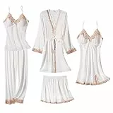 Sapjon Damen-Pyjama-Set, 5-teilig, Seiden-Pyjamas für Damen, süße Nachtwäsche, Loungewear, Satin, Pyjama-Set für Damen, weich, Weiss/opulenter Garten, M