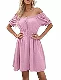 KOJOOIN Damen Sommerkleider MiniKleid Swiss dot Kurzarm Kleid Puffärmel mit Rüsche trägerlos Kleider Tupfen Freizeit Sommer Strand Rosa L