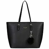 URAQT Damen Handtasche Schwarz, Shopper Handtasche Leder Tasche, Groß, für Büro Schule Einkauf mit Kaninchen Pelz Kugel Plüsch Schlüsselring