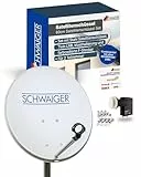 SCHWAIGER Satellitenschüssel Komplettset - Ø 60 cm Stahl Offset Antenne in Hellgrau - Inkl. sonnengeschütztes Twin LNB - Digital HD & 4K Empfang - Hitzebeständig & wetterfest