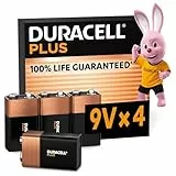 Duracell Plus 9V Blockbatterie, 4 Stück, 9 Volt Batterie ideal für Rauchmelder, Feuermelder