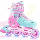 2PM SPORTS Kinder Inline Skates Verstellbar Größe, Mädchen Rollschuhe für Anfänger 4-14 Jahre, Outdoor Skates mit Rosa-Grün Schmetterling-Design
