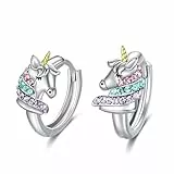 AOBOCO Einhorn Ohrringe Kinder Sterling Silber 925 Creolen mit Rosa Kristallen, Einhorn Schmuck Geburtstagsgeschenk für Mädchen Frauen (Bunt 3)