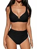 CUPSHE Damen Bikini Set Wickeloptik Crossover Bügel Push Up High Waist Bikini Bademode Zweiteiliger Badeanzug Swimsuit Schwarz L