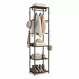 VASAGLE Kleiderständer, Garderobenständer mit Kleiderstange und Haken, Garderobe mit Ablagen, Stahlrahmen, für Kleidung, Taschen, Hüte, tintenschwarz-vintagebraun RCR061BD04
