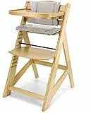 Moby-System Woody Mitwachsender Kinderhochstuhl, Hochstuhl für Kinder, Höhenverstellbar, mit Essbrett und Kissen, 3-Punkt-Sicherheitsgurt, Massivholz, Erle