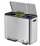EKO Ecocasa Mülleimer 3 Fächer, 3 x 15 Liter, Tretmülleimer Mülleimer für Küche, Abfalleimer mit Deckel, sanftem Schließen und luftdicht, Mülltrennsystem 3-fach mit Griff, Edelstahl Matt