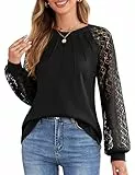 Florboom T Shirt Damen Spitze Langarm Elegant Rundhals Oberteile Tunika, Schwarz S