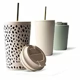 MAMEIDO Thermobecher mit Strohhalm 470 ml, Trinkbecher mit Deckel und Strohhalm aus Edelstahl doppelwandig isoliert, auslaufsicher, Coffee to go Becher (Almond Flakes)