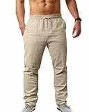 NANAMEEI Herren Leinenhose Lang mit Kordelzug Leicht Sommer Strand Einfarbig aus Baumwollmischung Khaki 3XL