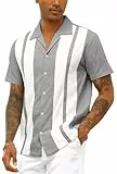 CTU Bowling-Shirt für Herren, Vintage-Stil, Baumwoll-Leinen, Strand-Shirt, kurzärmelig, Knopfleiste, Sommer-Top, grau, XL