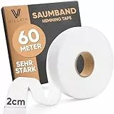 Villkin Saumband 60m Länge und 20mm Breite – Bügelband zum Aufbügeln auf Textilien wie Hosen Gardinen Vorhänge – Saumfließ (Weiß, 20mm x 60m)