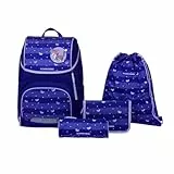 Schneiders Ergojet Schultasche Set Blissy Butterfly (6-teilig) – Mädchen-Schulranzen mit Schmetterling-Motiv, wandelbar zum Schulrucksack, LED-Licht, ergonomisch & nachhaltig, 21L, Blau/Lila