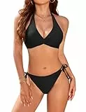 Vijamiy Bikini Damen Set V Ausschnitt Zweiteiler Damen Sommer Neckholder Top Push Up Bikinis Bademode Swimsuit(Schwarz,M)