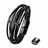 Flongo Herren Leder Armband Kreuz schwarz geflochten Lederarmband mit klassisch Edelstahl Cross Anhänger und Love You Forever Gravur verstellbar Geschenk für Sohn mit Liebeskarte Geschenkbox
