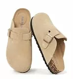 Meik Mangni Wildleder Clogs für Damen Herren Komfort Kartoffel Schuhe mit Arch Support Frauen aus Leder rutschfest Pantoletten mit Weiches Kork Fußbett,Khaki,Gr.41 EU