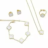 18K Goldplattiertes Vierblättriges Kleeblatt Schmuck Set, Edelstahl Zweiseitig Vierblättriges Schmuck, Halskette Ohrringe Armband Ring Valentinstag Muttertag Weihnachten Geschenk für Damen (4)