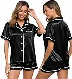 SWOMOG Damen Satin Pyjama Set Kurz Schlafanzüge Top und Short Hose Zweiteilig Sleepwear Sexy V-Ausschnitt Button Down PJs Sets Schwarz