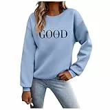 Generisch Pullover Damen Print Briefe Drucken Sweatshirt Langarm Rundhals Pulli Ohne Kapuze Oberteil Herbst Winter Frauen Langarmshirt Locker Casual Tops Sport Weich Streetwear Light Blau S
