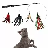 CanadianCat Company | Katzenangel Set mit 4 Wedeln/Federn, Katzenspielzeug Teleskop-Spielangel 140 cm Länge, Interaktives Katzenspielzeug aus Draht mit Federn