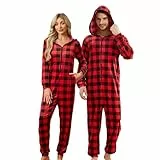 U2SKIIN Damen Schlafanzug für Paare kariert, Einteiler mit reißverschluss weich Pyjama mit Kapuze, Weihnachts Warmer Overall (Büffelkaro-Rot, M)