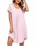 Ekouaer Nachthemd Damen Kurzarm Sexy Schlafshirt Kurz Sommer Rundhals Nachtkleid Oversize Plissee Einfarbig Nachthemden, Rosa, L