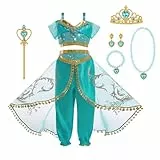 ACWOO Jasmin Prinzessin Kostüm, 8Pcs Jasmin Verkleidung für Mädchen Aladdin Tanzen Oberteile und Hosen mit Oberteil Hose Halskette Krone Zepter Armband Ohrringe für Cosplay Karneval Halloween