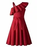Arshiner Mädchen Kleider Eine-Schulter Kinderkleider Sommer Festliches Kleid Rüschenkragen Elegant Partykleider Swingkleid mit Gürtel ärmelloses Kleid für Mädchen 9-10 Jahre Dunkelrot